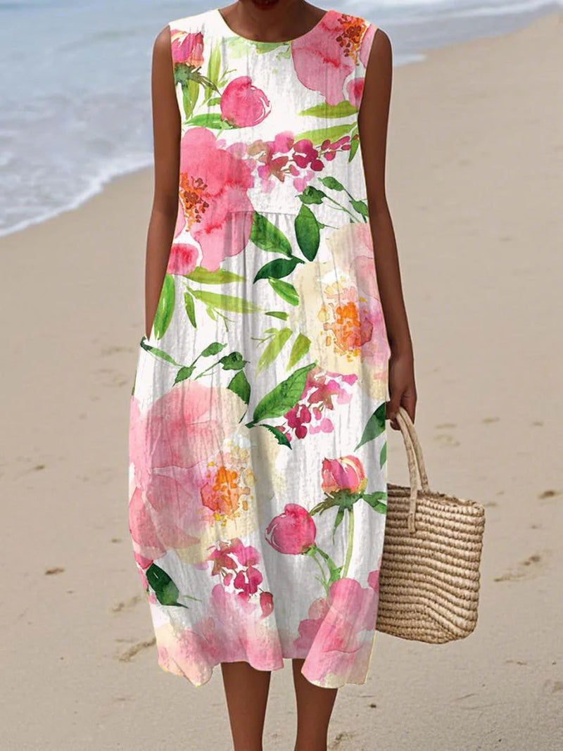 Popular Vintage Floral Art Print Crew Neck Sleeveless Dress