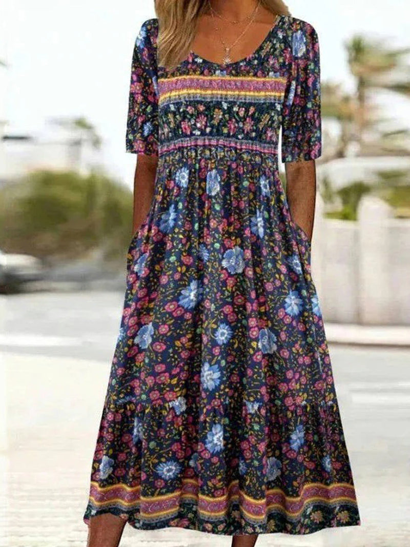 Trendy Vintage Floral Print U-neck Short Sleeve Dress