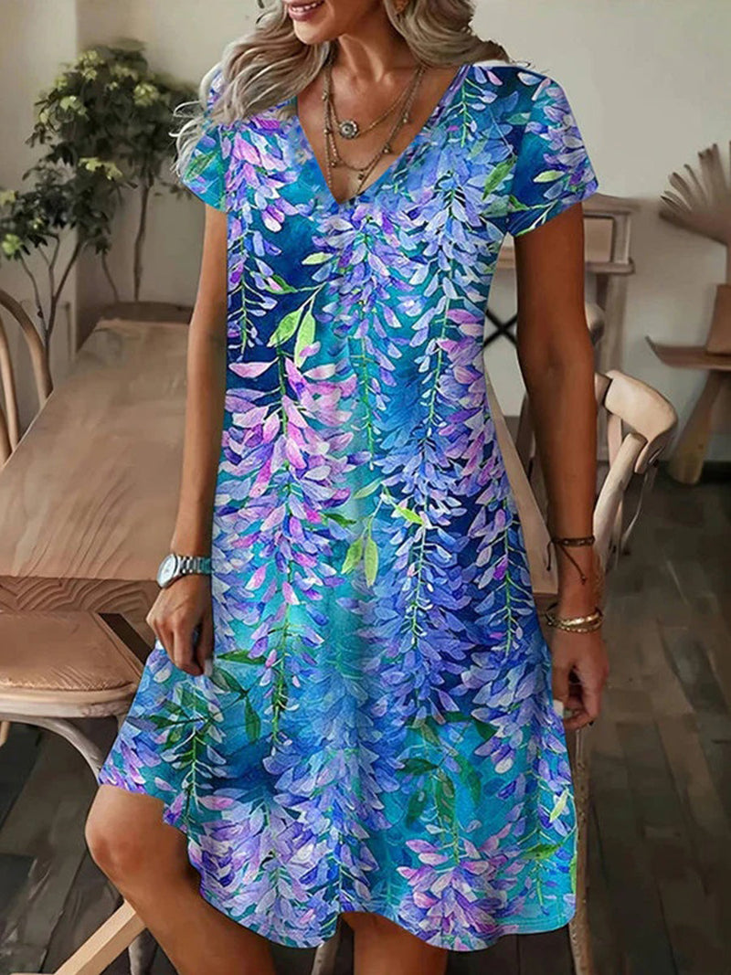 Vintage Leaf Print V-neck Short Sleeve Midi Dress