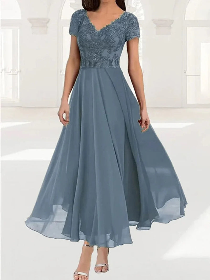Elegant Plain Lace V-neck Short Sleeve Dress
