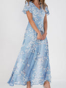 Women's Elegant V-neck Short Sleeve Floral Print Maxi Dress