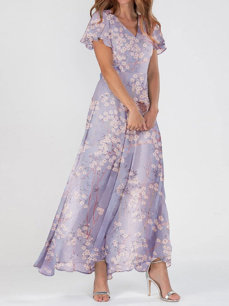 Women's Elegant V-neck Short Sleeve Floral Print Maxi Dress
