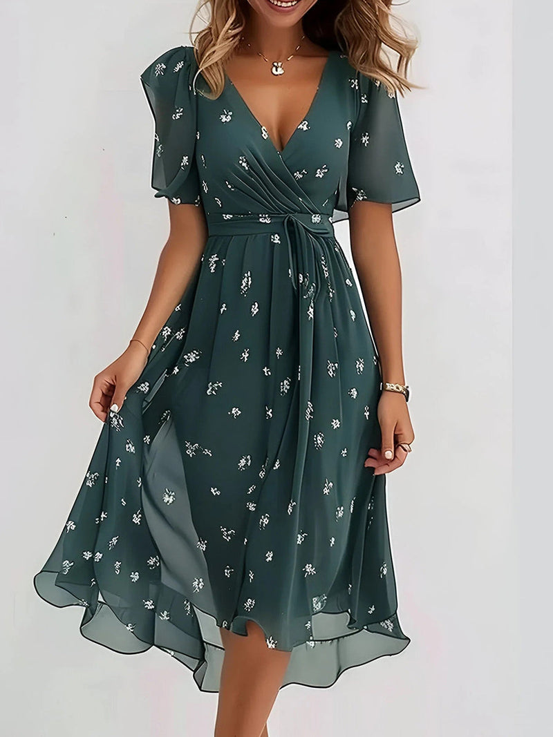 Elegant V-neck Short Sleeve Floral Print Midi Dress