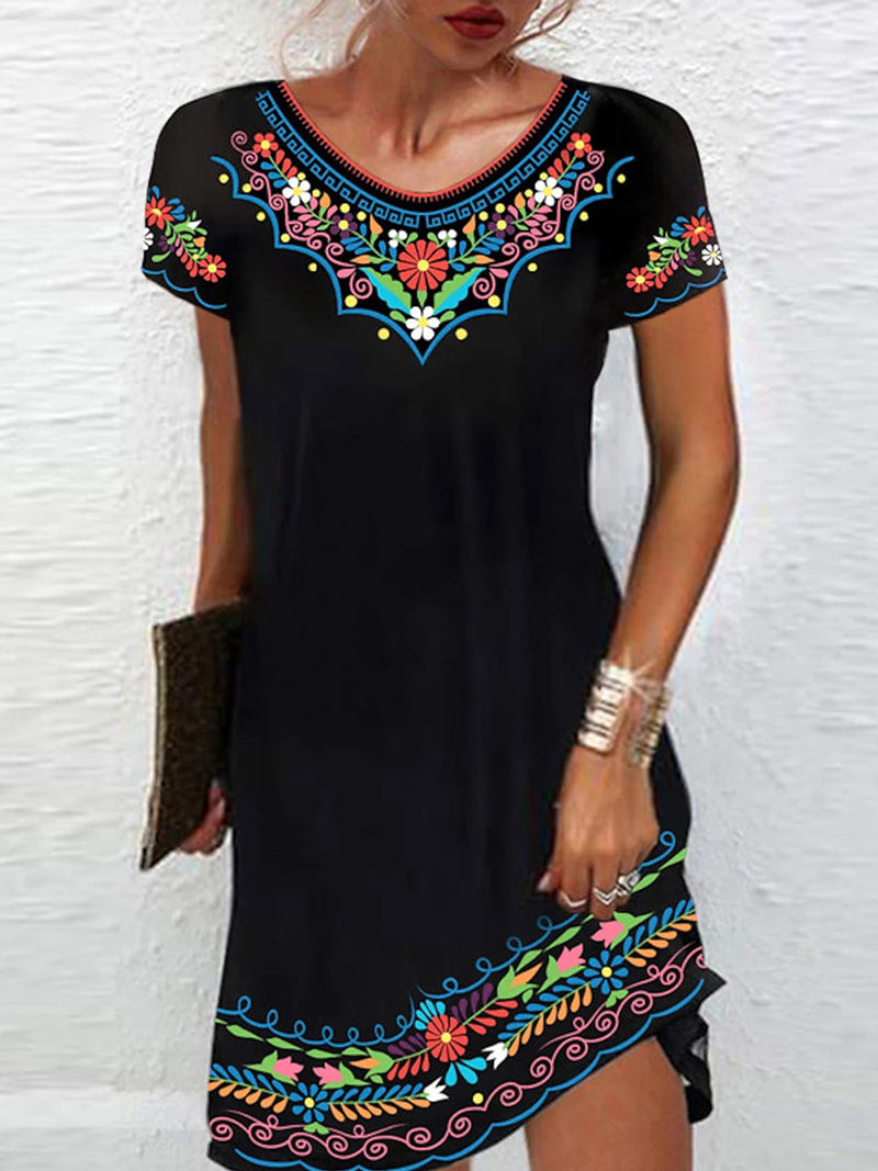 Vintage Ethnic Round Neck Short Sleeve Loose Black Dress
