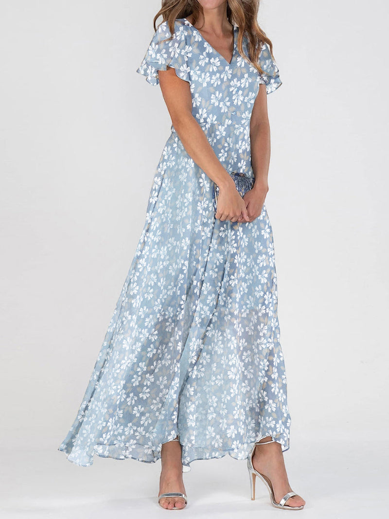 Popular Floral Print V-neck Short Sleeve Maxi Dress
