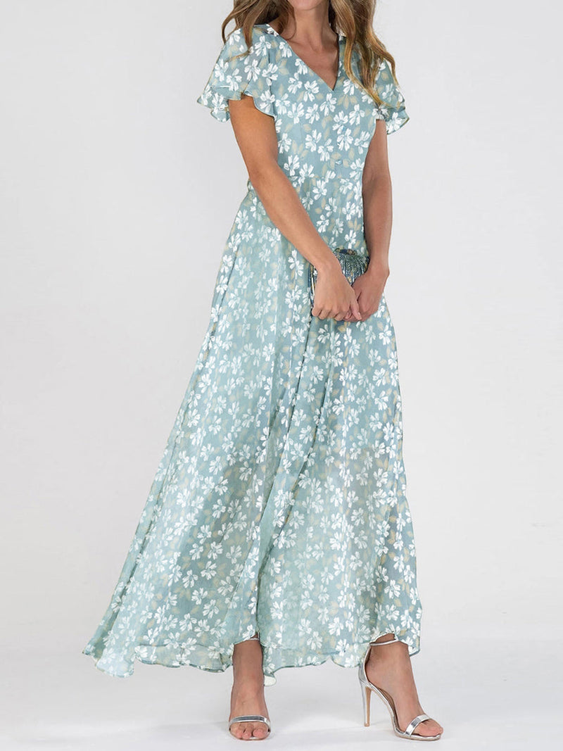 Popular Floral Print V-neck Short Sleeve Maxi Dress