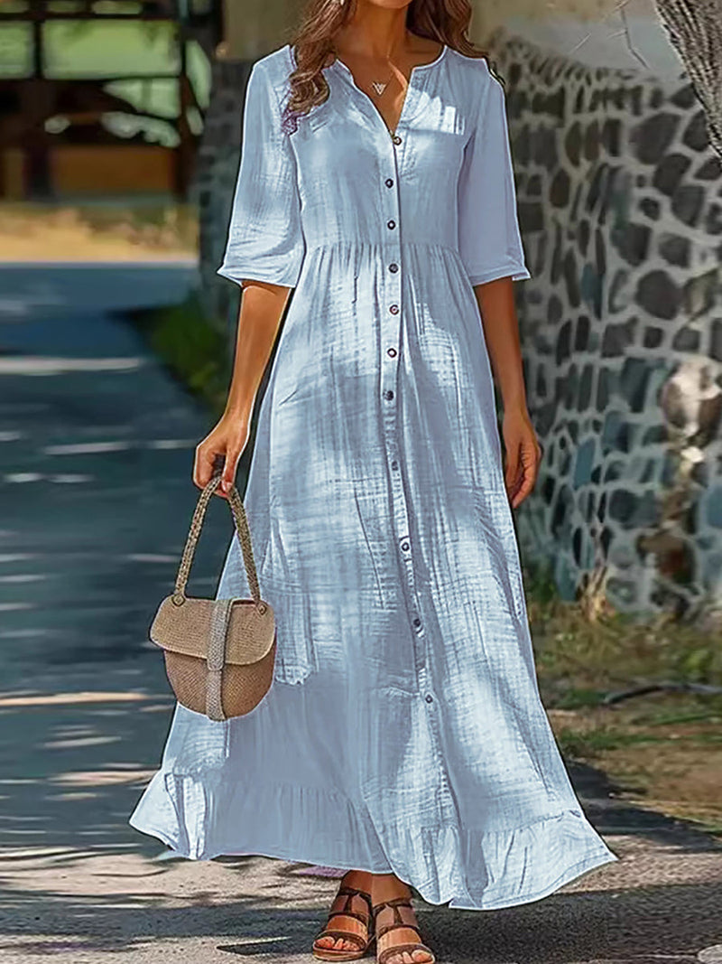 Casual Plain V-neck Half Sleeve Blue Maxi Dress