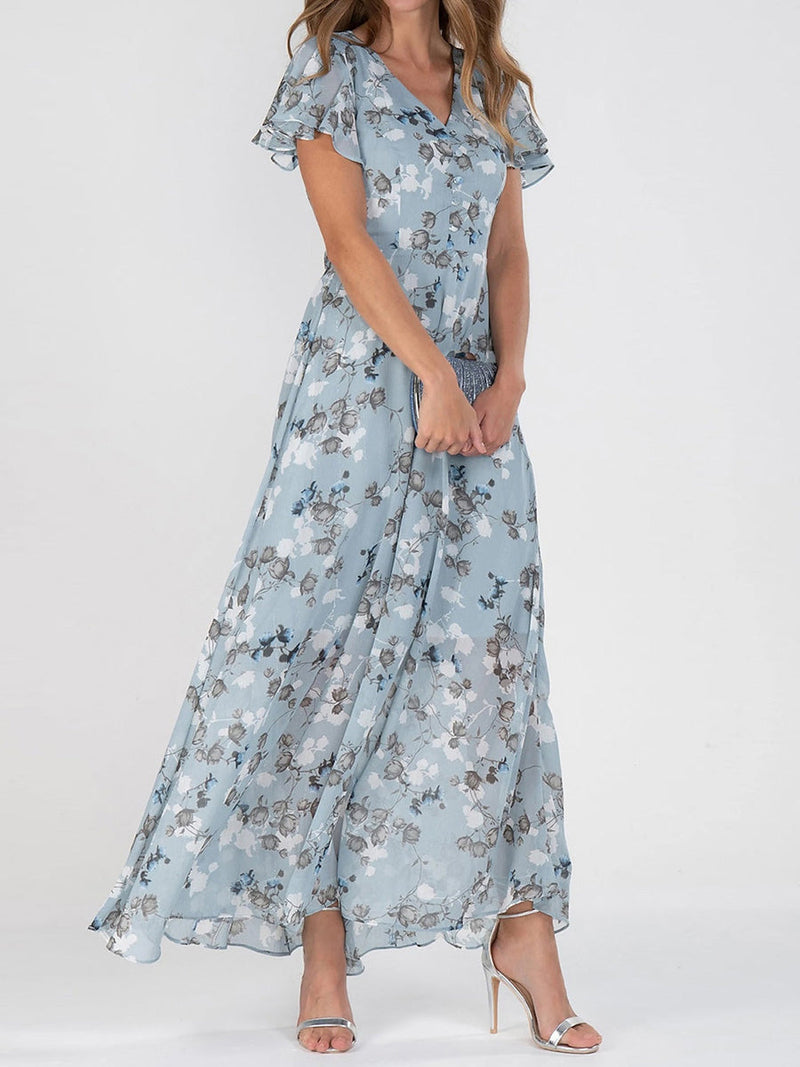 Elegant V-neck Short Sleeve Floral Print Maxi Dress