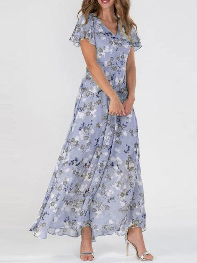 Elegant V-neck Short Sleeve Floral Print Maxi Dress