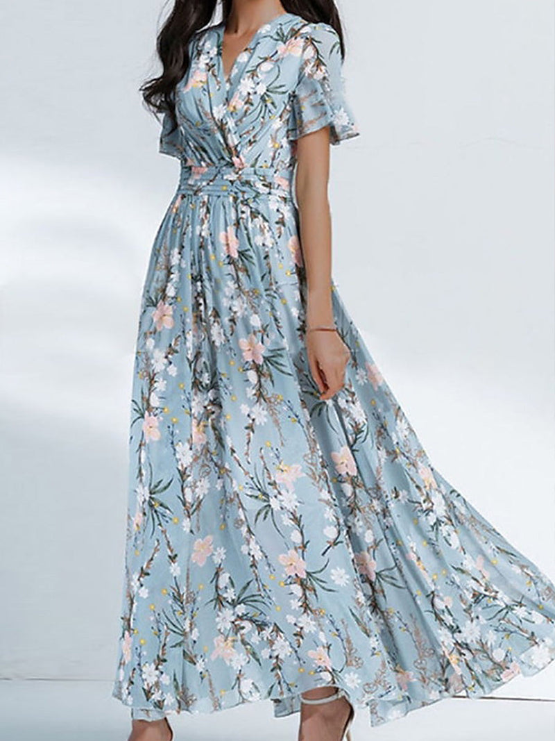 Trendy Blue Floral Print V-neck Short Sleeve Dress