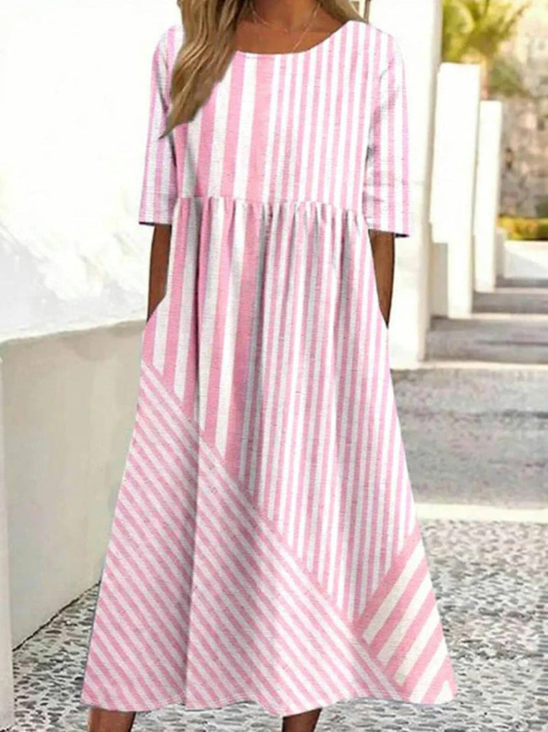 Simple Striped Print Round Neck Half Sleeve Dress