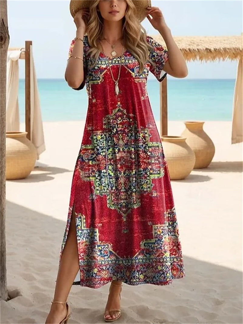 Vintage Red Floral Print Round Neck Short Sleeve Dress