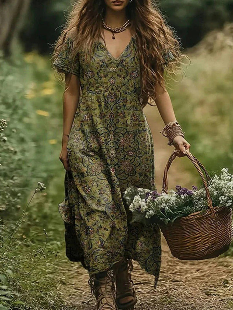 Casual Vintage V-neck Short Sleeve Green Dress