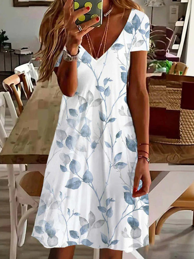 Simple Leaf Print V-neck Short Sleeve Dress