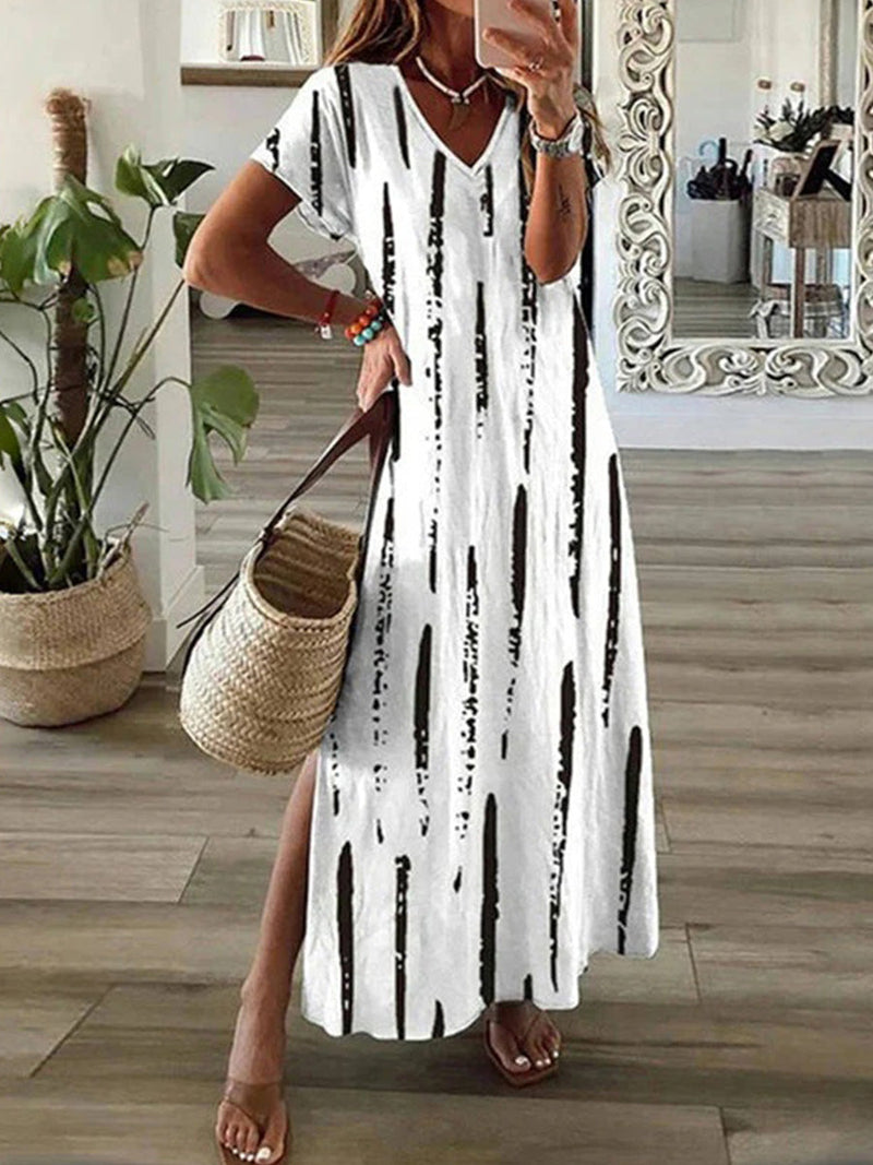 Elegant Black And White Stripe V-neck Maxi Dress
