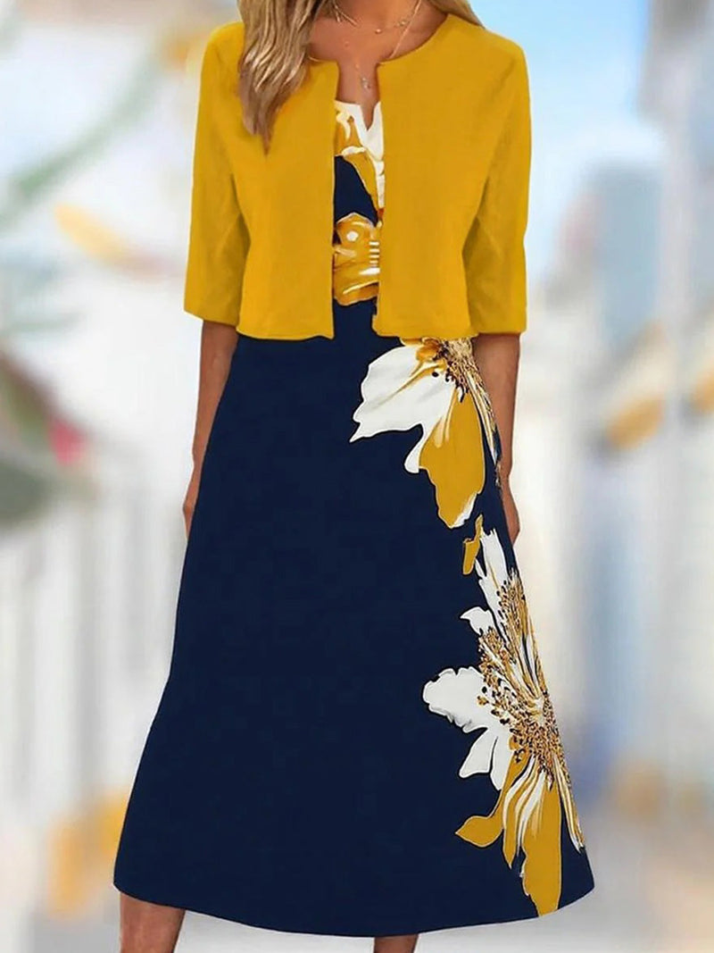 Yellow Floral Print Round Neck Half Sleeve Midi Dress