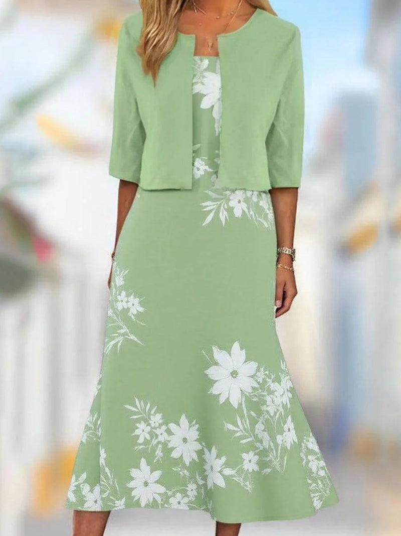 Green Floral Print Half Sleeve Midi Dress