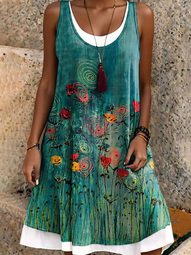 Vintage Green Floral Print Round Neck Sleeveless Mini Dress