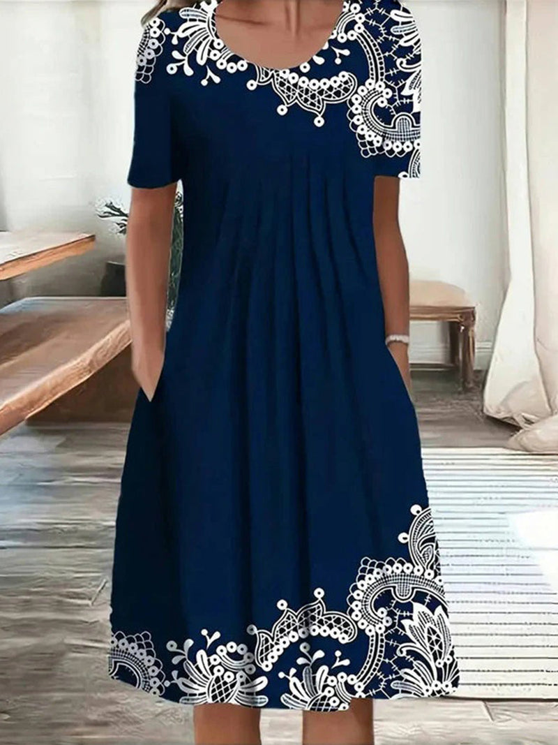 Vintage Round Neck Short Sleeve Blue Dress