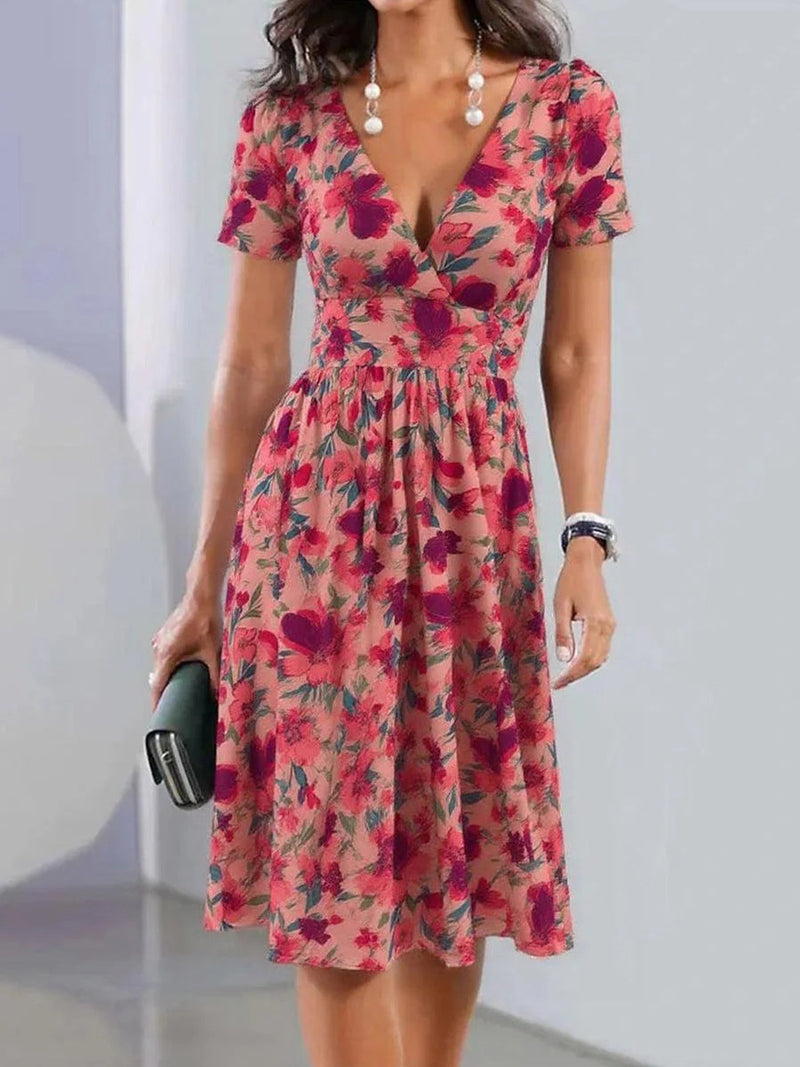 Pink V-neck Floral Print Short Sleeve Midi Dress