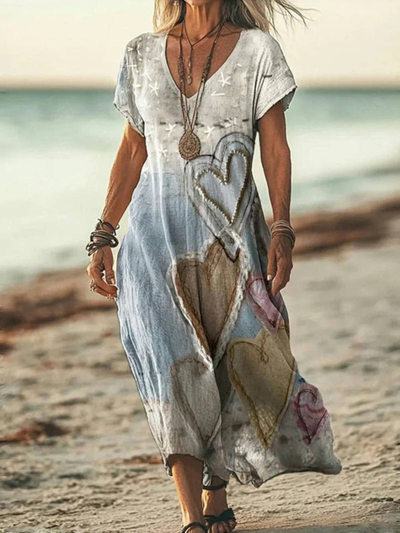 Trendy Vintage Heart Print V-neck Short Sleeve Dress
