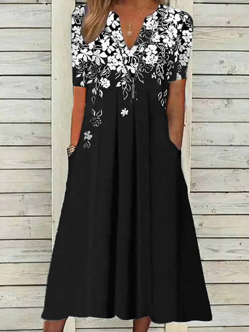 Casual Floral Print V-neck Short Sleeve Dress
