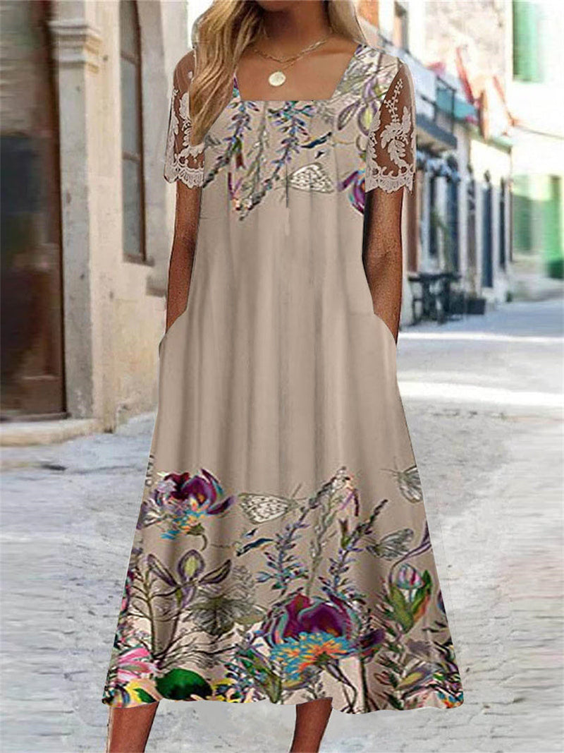 Trendy Short Sleeve Square Neck Floral Printed Lace Stitching Midi Dress