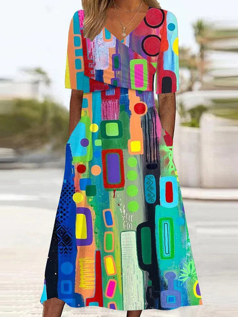 Vibrant Geometric Pattern V Neck Dress
