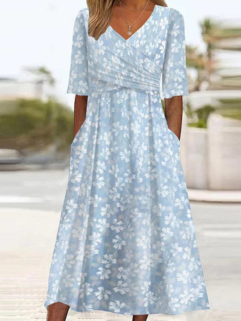 Casual V Neck Half Sleeve Summer Floral Maxi Dress