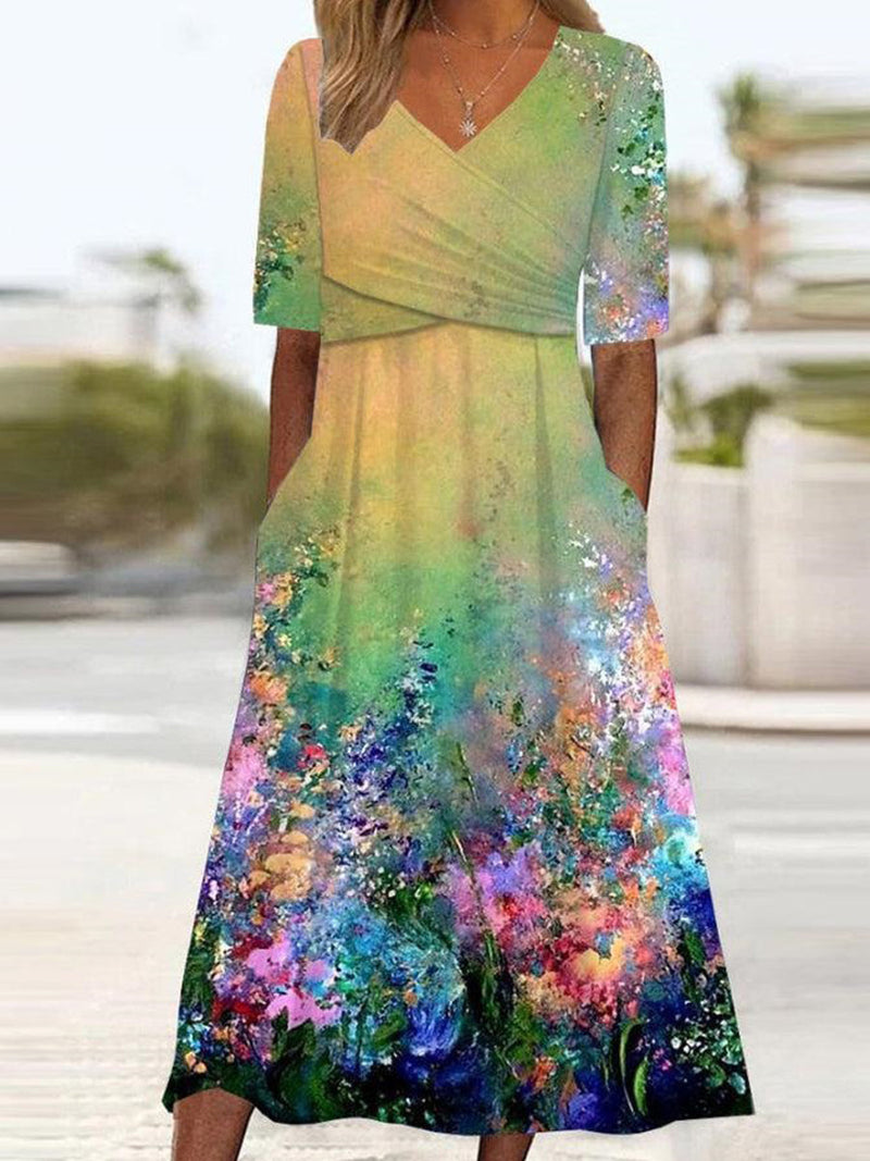 Colorful Print Side Pocket V-neck Short Sleeve Dress