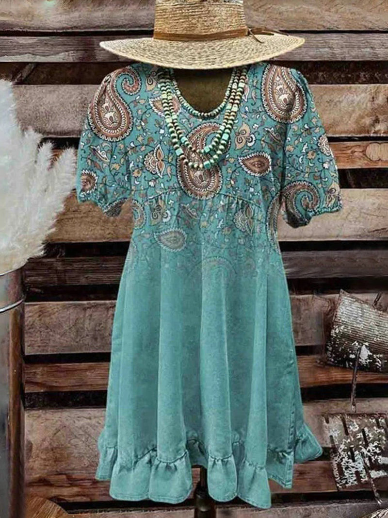 Trendy Vintage Ethnic Print Round Neck Short Sleeve Dress