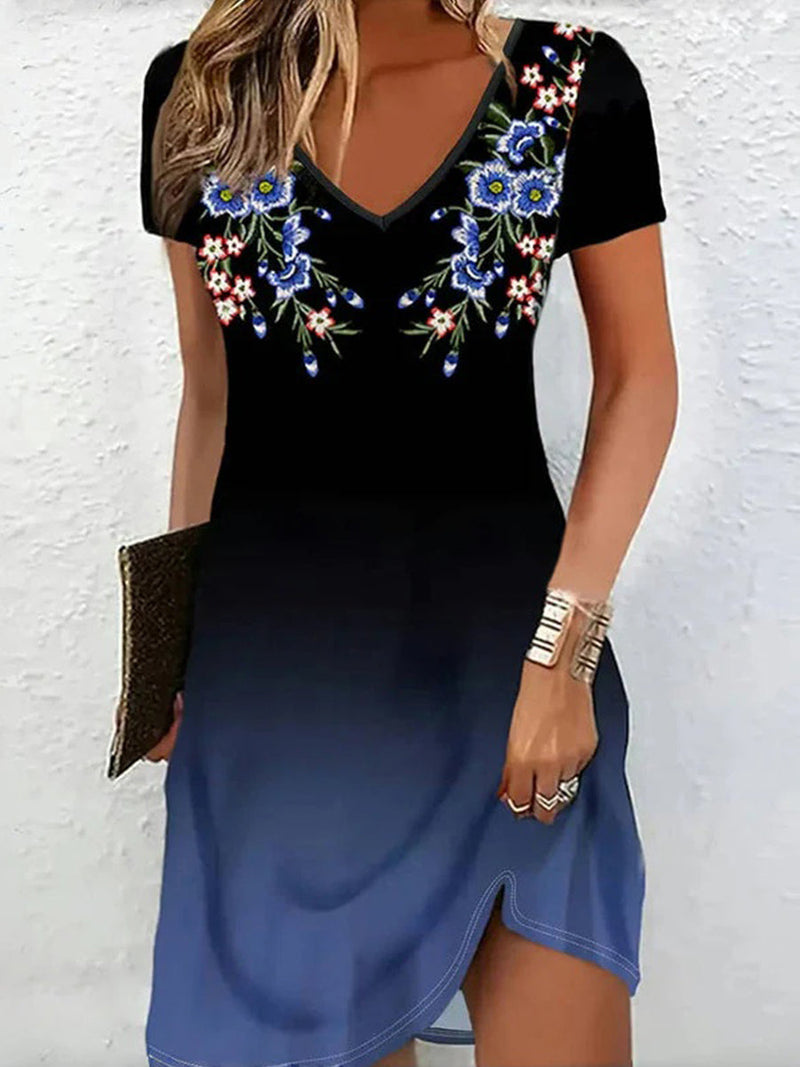 Black V Neck Floral Print Casual Dress