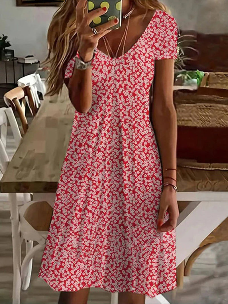 Casual Red Floral Print V-neck Short Sleeve Dress