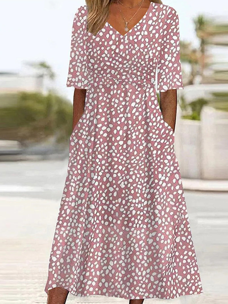 Pink Side Pocket V Neck Half Sleeve Flowy Midi Dress