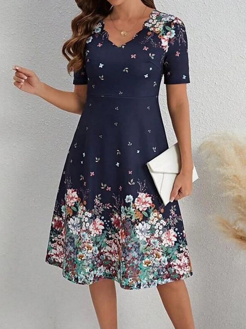Classy Floral Print V-Neck Short Sleeve Midi Dress
