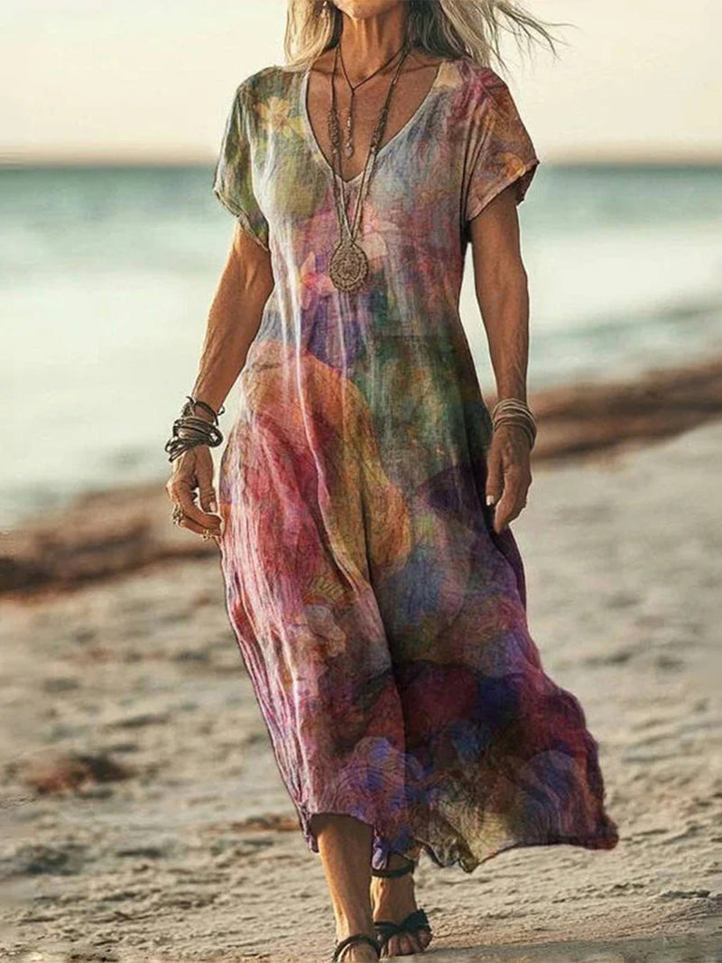 Stylish Vintage Gradient V-neck Short Sleeve Dress