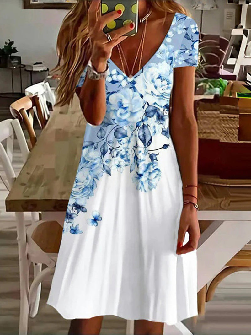 Casual Blue Floral Print V-neck Short Sleeve Dress