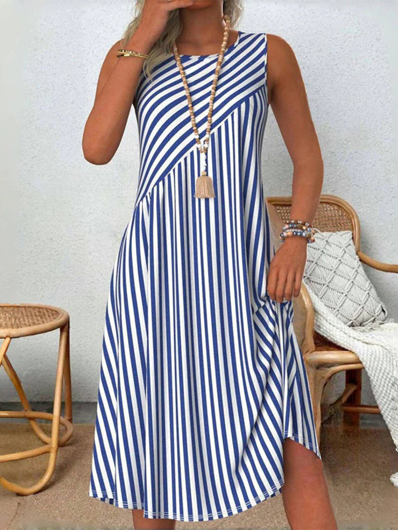 Casual Blue Striped Round Sleeve Sleeveless Summer Dress