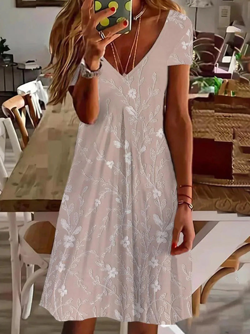 Pink Floral Print V-neck Short Sleeve Mini Dress