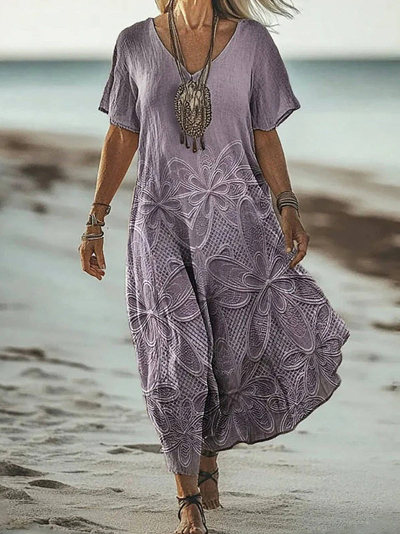 Vintage Purple Floral Print V-neck Short Sleeve Dress