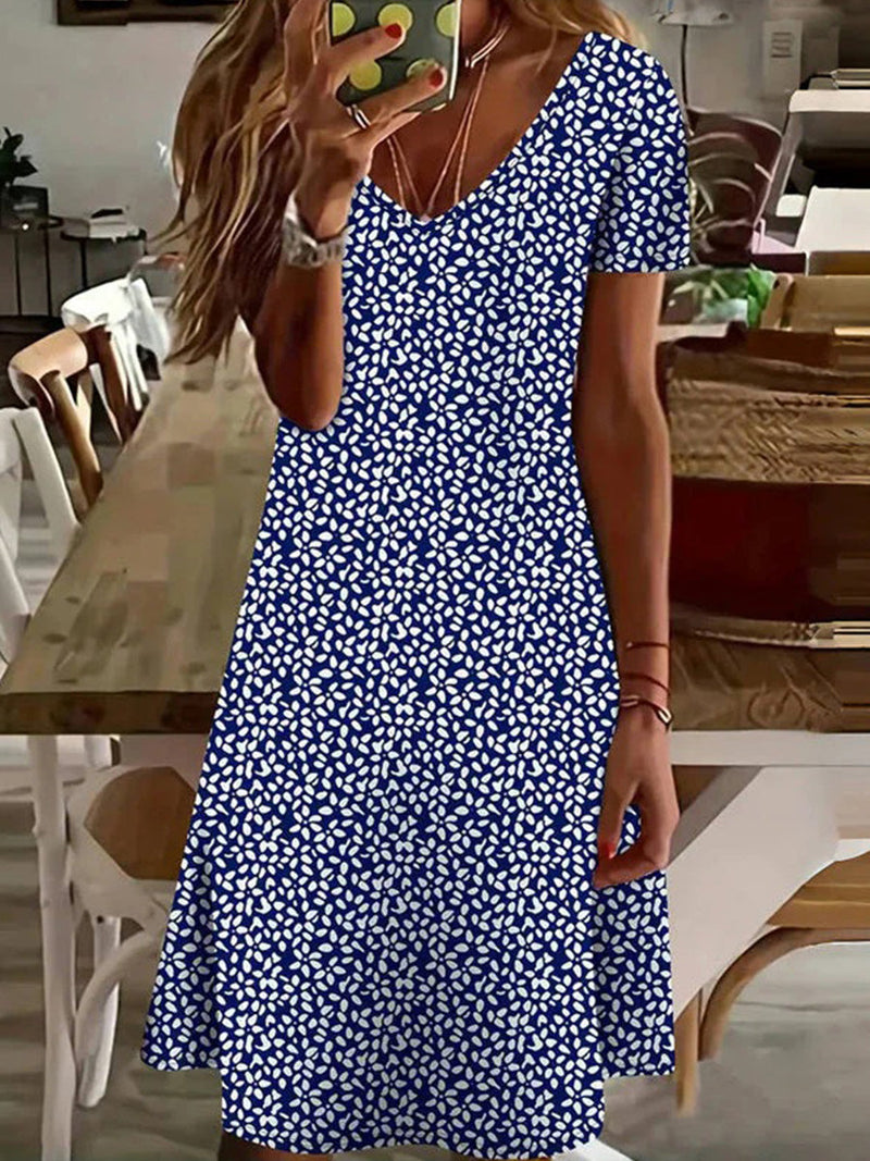 Blue Floral Print Casual V-neck Short Sleeve Dress