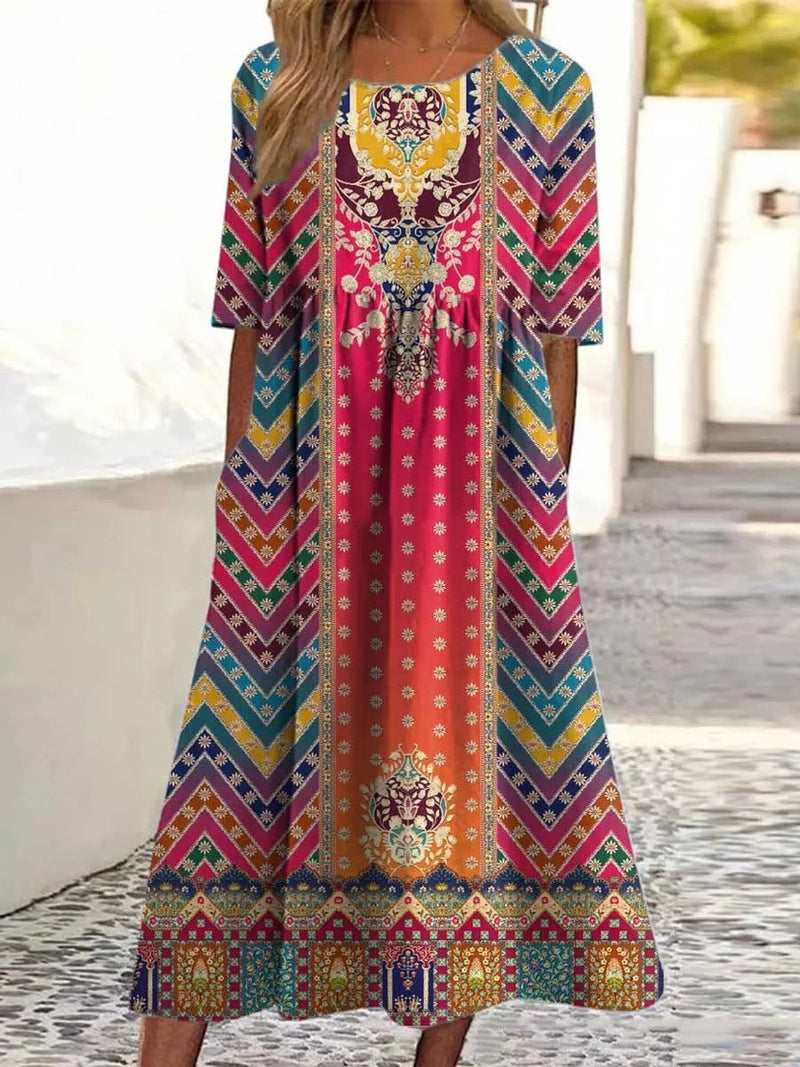 Vintage Floral Art Print Pocket Round Neck Short Sleeve Dress