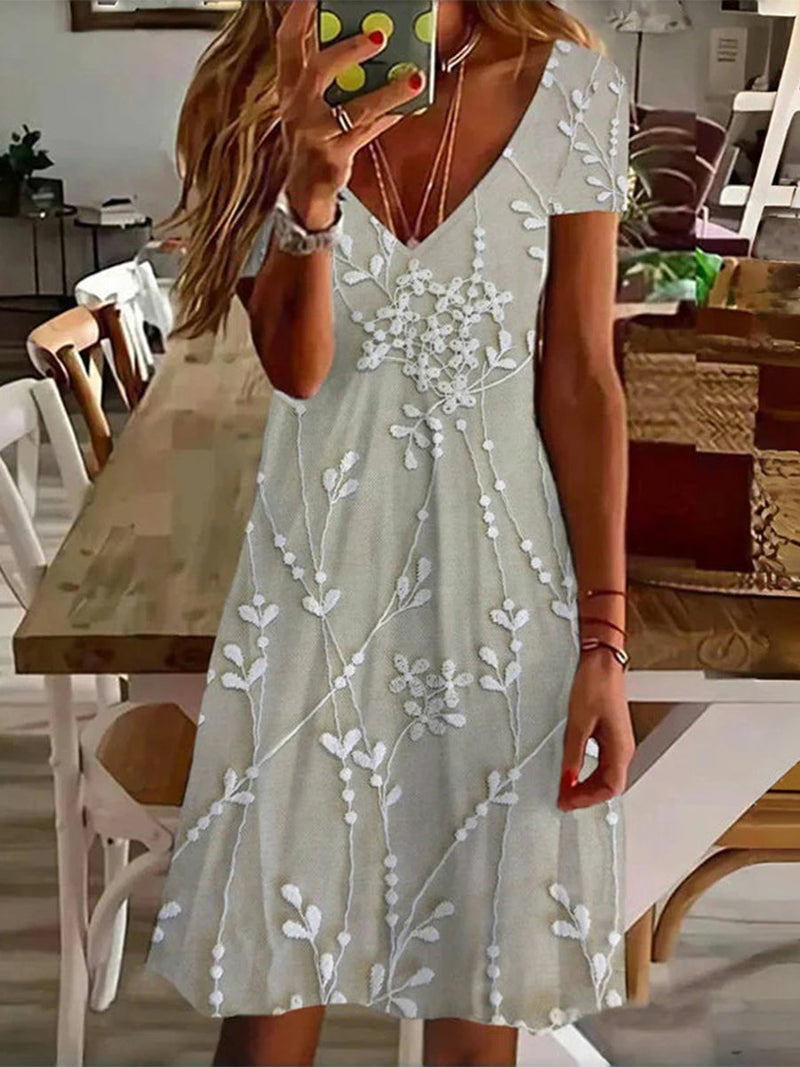 Vintage Gray Leaf Print V-neck Short Sleeve Dress