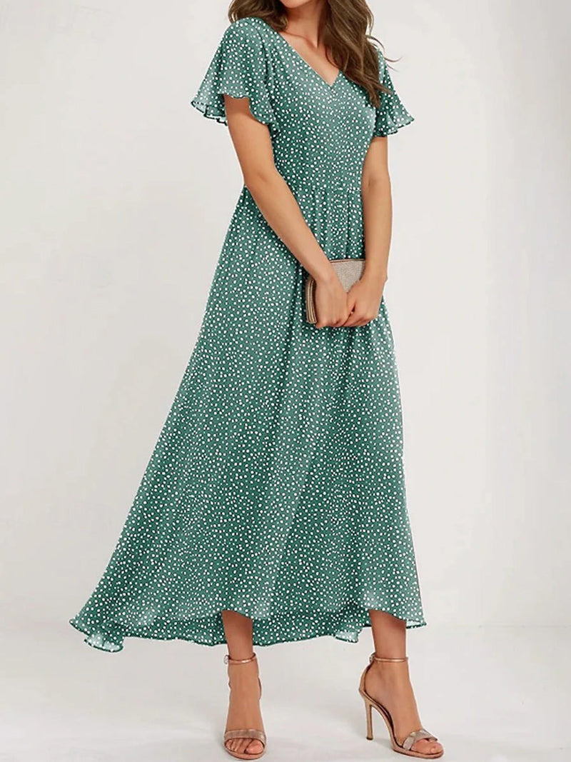 Green V-neck Short Sleeve Polka Dot Maxi Dress