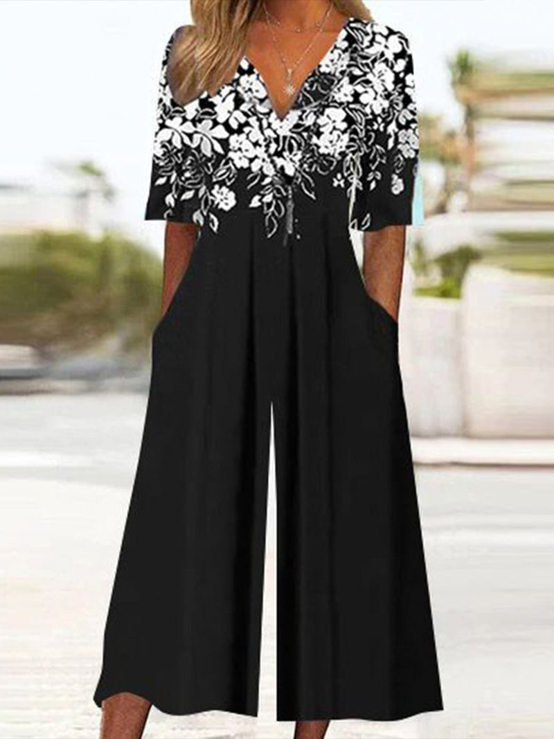 Floral Print V-Neck Wide Leg Jumpsuit with Pockets for Women
