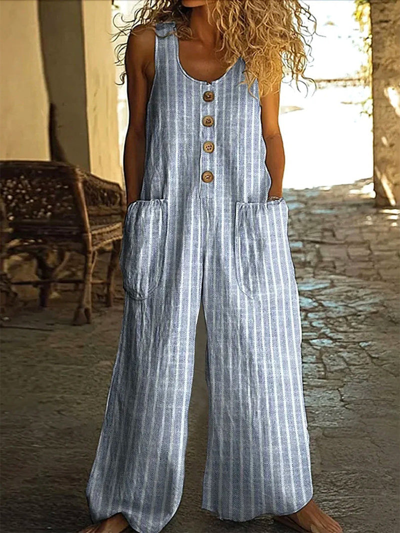 Casual Striped Sleeveless Front-Button Wide Leg Jumpsuit with Pockets for Women