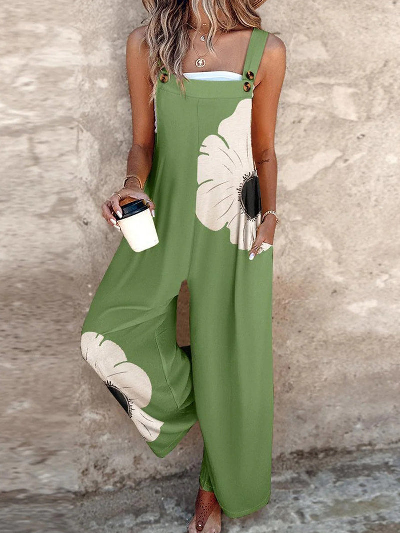 Green Floral Print Wide-Leg Sleeveless Jumpsuit for Women