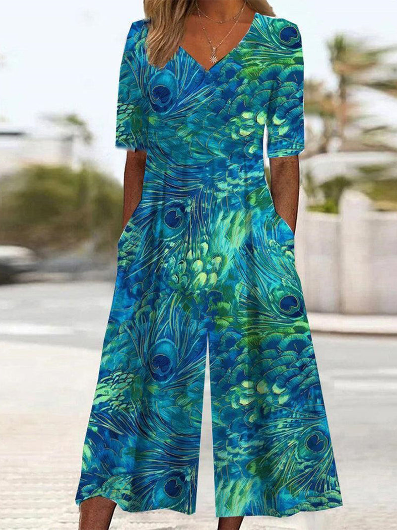 V-Neck Peacock Print Wide-Leg Jumpsuit with Pockets for Women