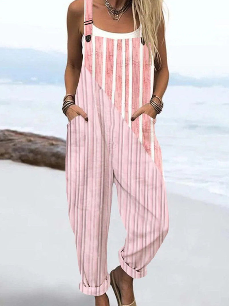 Sweet Striped Print Side Pocket Jumpsuit for Women