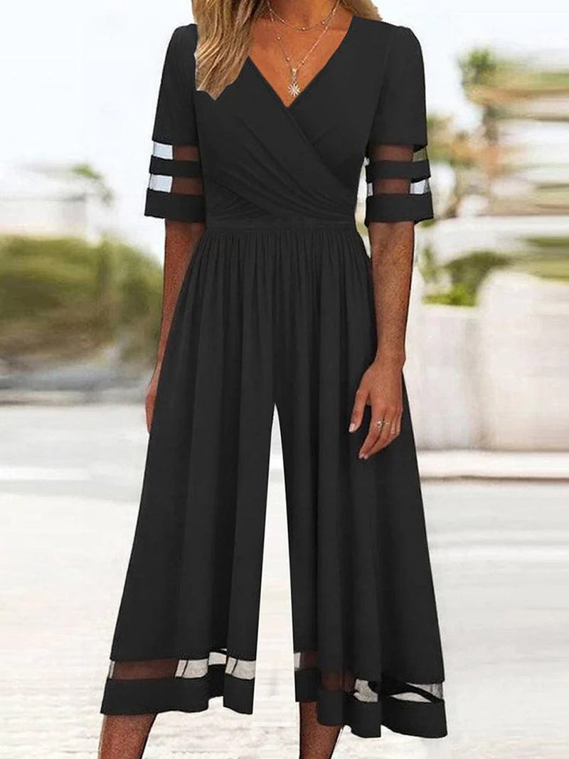 Simple Black V-Neck Half Sleeve Jumpsuit for Women